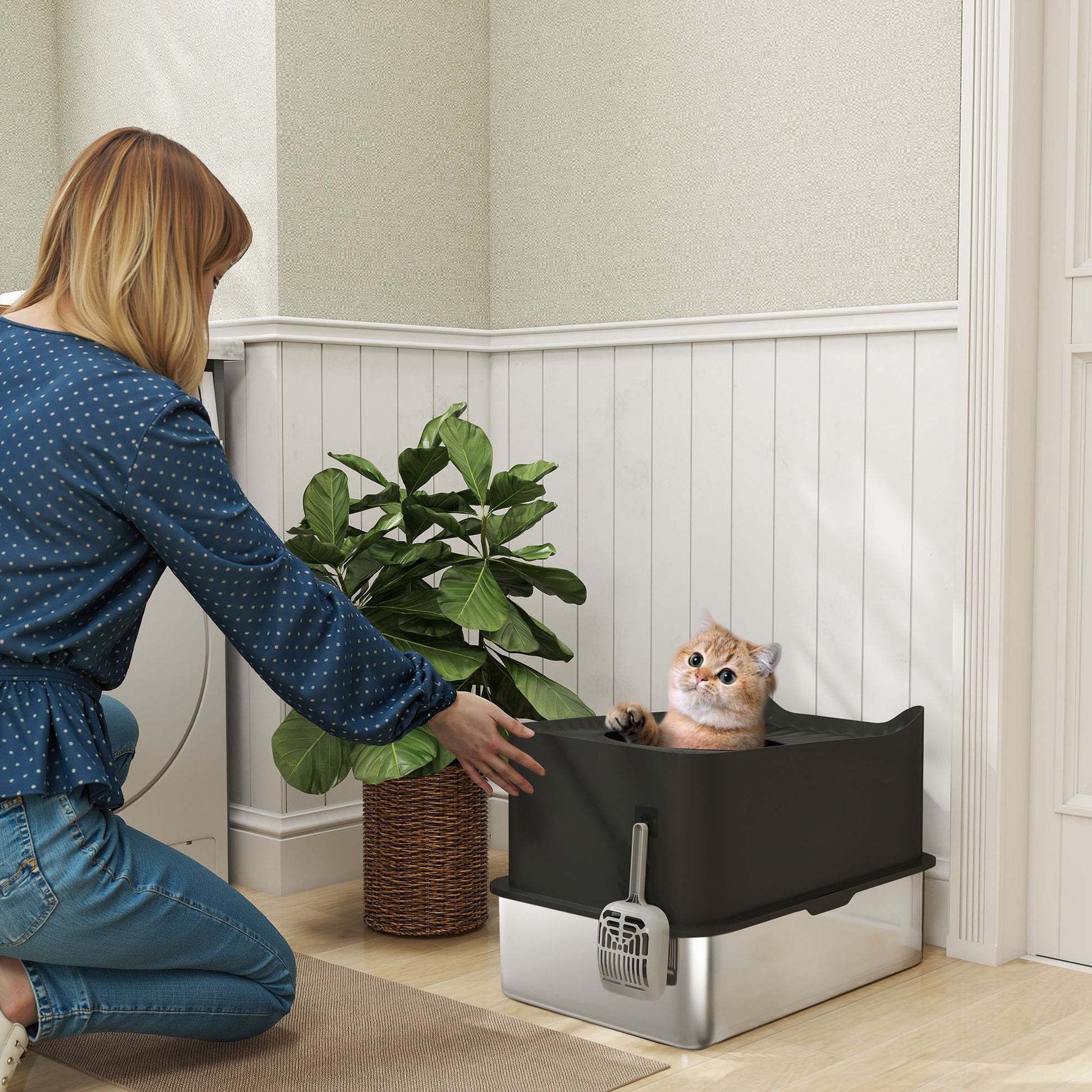 XXL Stainless Steel Cat Litter Box, 65L Large Capacity, Cat Toilet House, with Scoop and Non-Slip Feet, Easy to Clean, 60 x 40 x 38 cm, Black