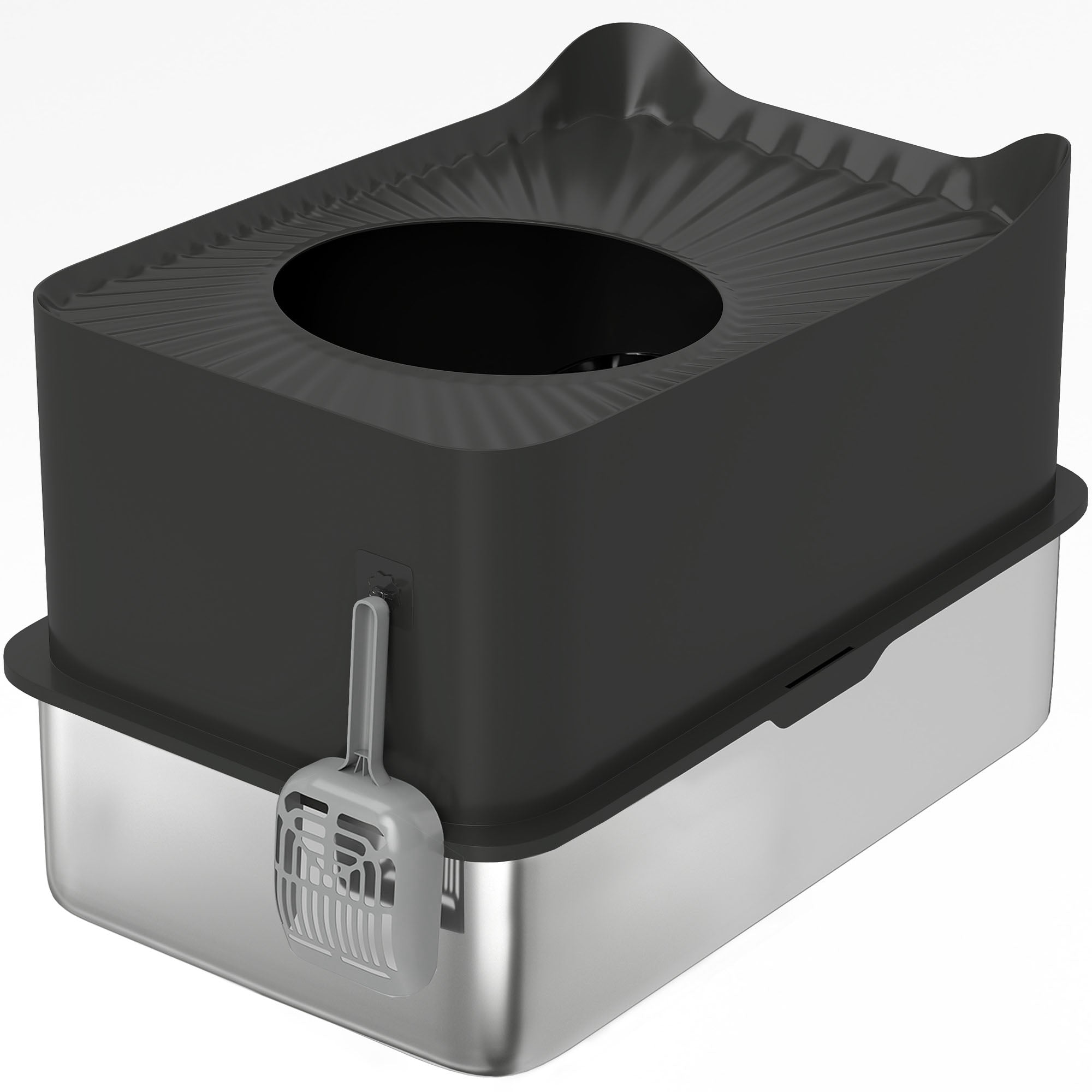 XXL Stainless Steel Cat Litter Box, 65L Large Capacity, Cat Toilet House, with Scoop and Non-Slip Feet, Easy to Clean, 60 x 40 x 38 cm, Black