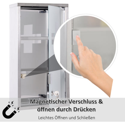 Medicine Cabinet Lockable Medicine Cabinet First Aid Cabinet with Lock 3 Compartments Stainless Steel Silver 25 x 12 x 48 cm