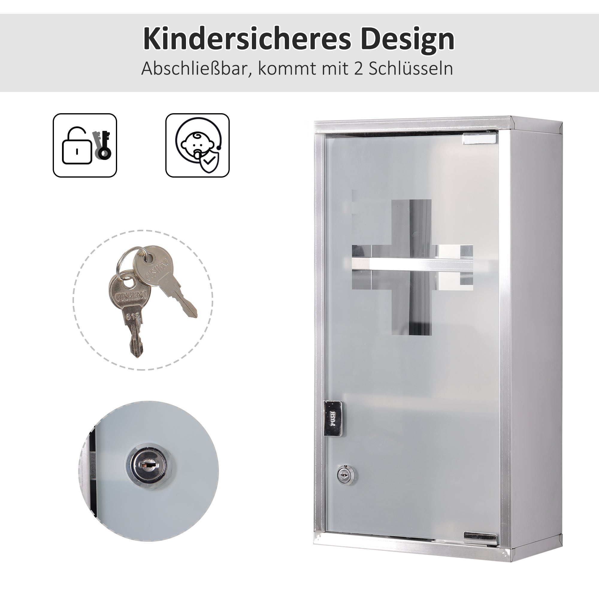 Medicine Cabinet Lockable Medicine Cabinet First Aid Cabinet with Lock 3 Compartments Stainless Steel Silver 25 x 12 x 48 cm