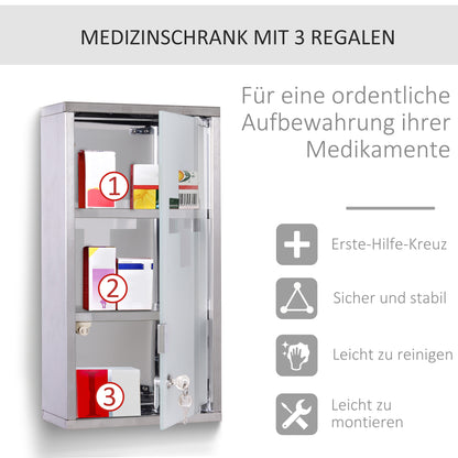 Medicine Cabinet Lockable Medicine Cabinet First Aid Cabinet with Lock 3 Compartments Stainless Steel Silver 25 x 12 x 48 cm