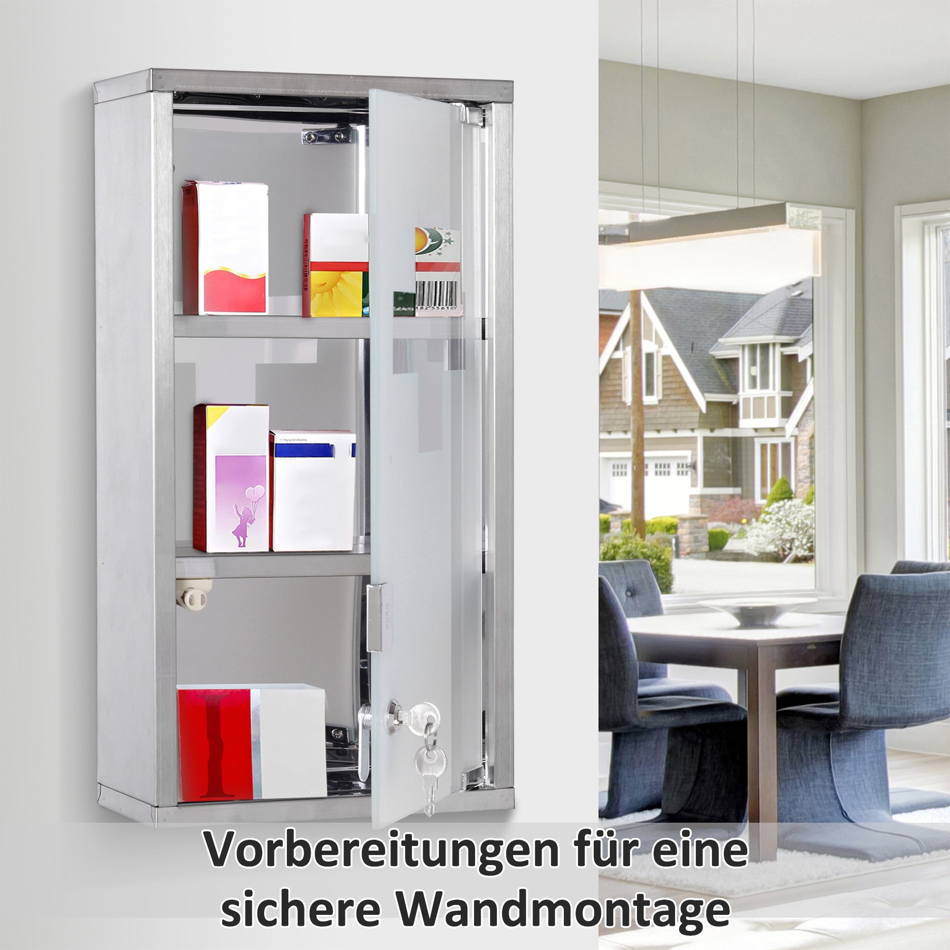 Medicine Cabinet Lockable Medicine Cabinet First Aid Cabinet with Lock 3 Compartments Stainless Steel Silver 25 x 12 x 48 cm