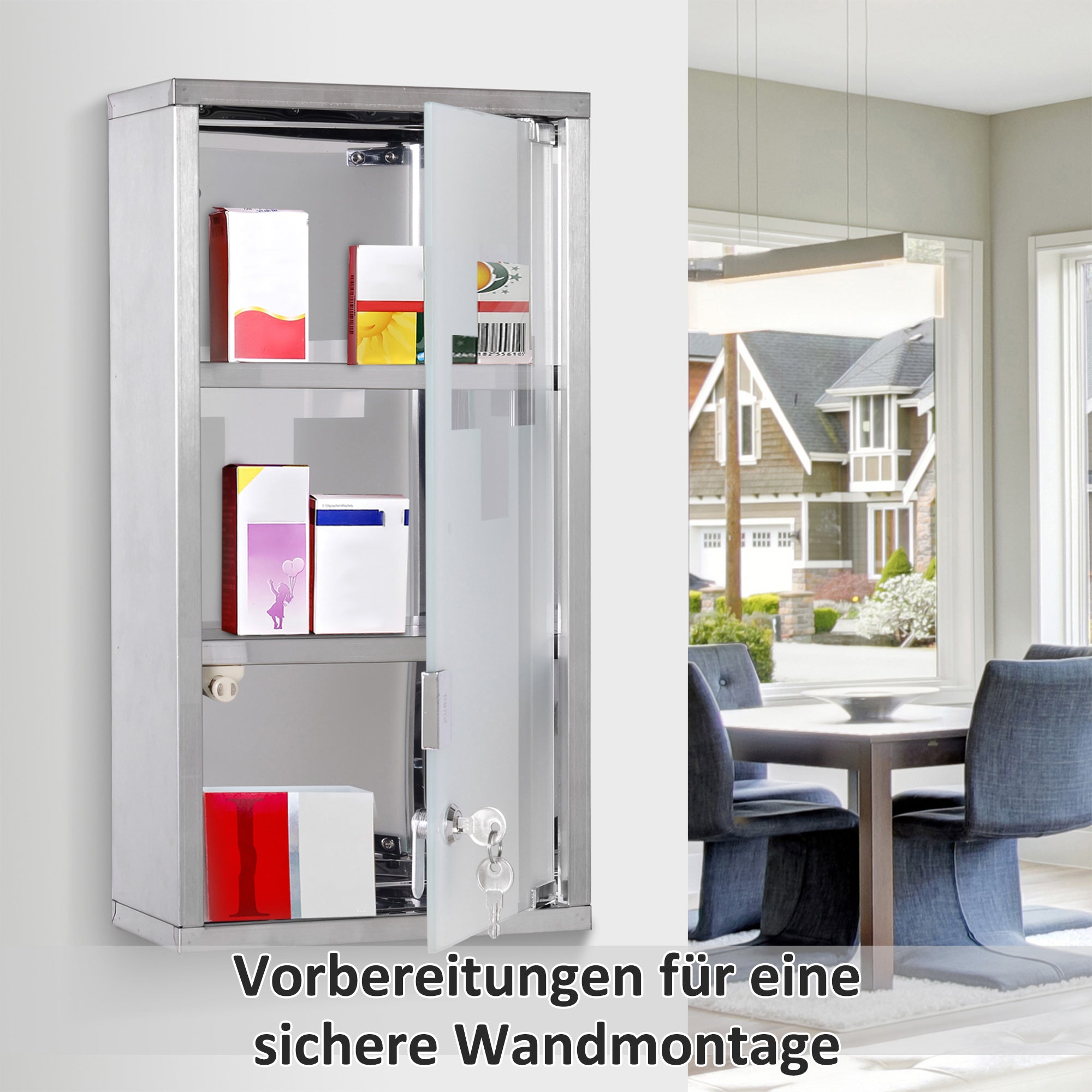 Medicine Cabinet Lockable Medicine Cabinet First Aid Cabinet with Lock 3 Compartments Stainless Steel Silver 25 x 12 x 48 cm