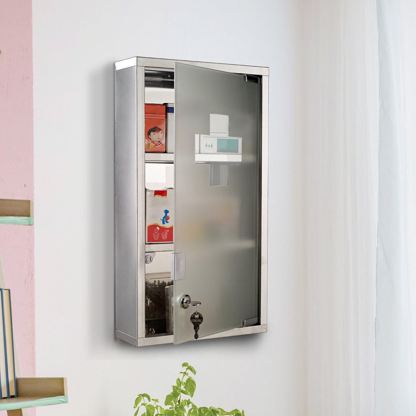 Medicine Cabinet Lockable Medicine Cabinet First Aid Cabinet with Lock 3 Compartments Stainless Steel Silver 25 x 12 x 48 cm