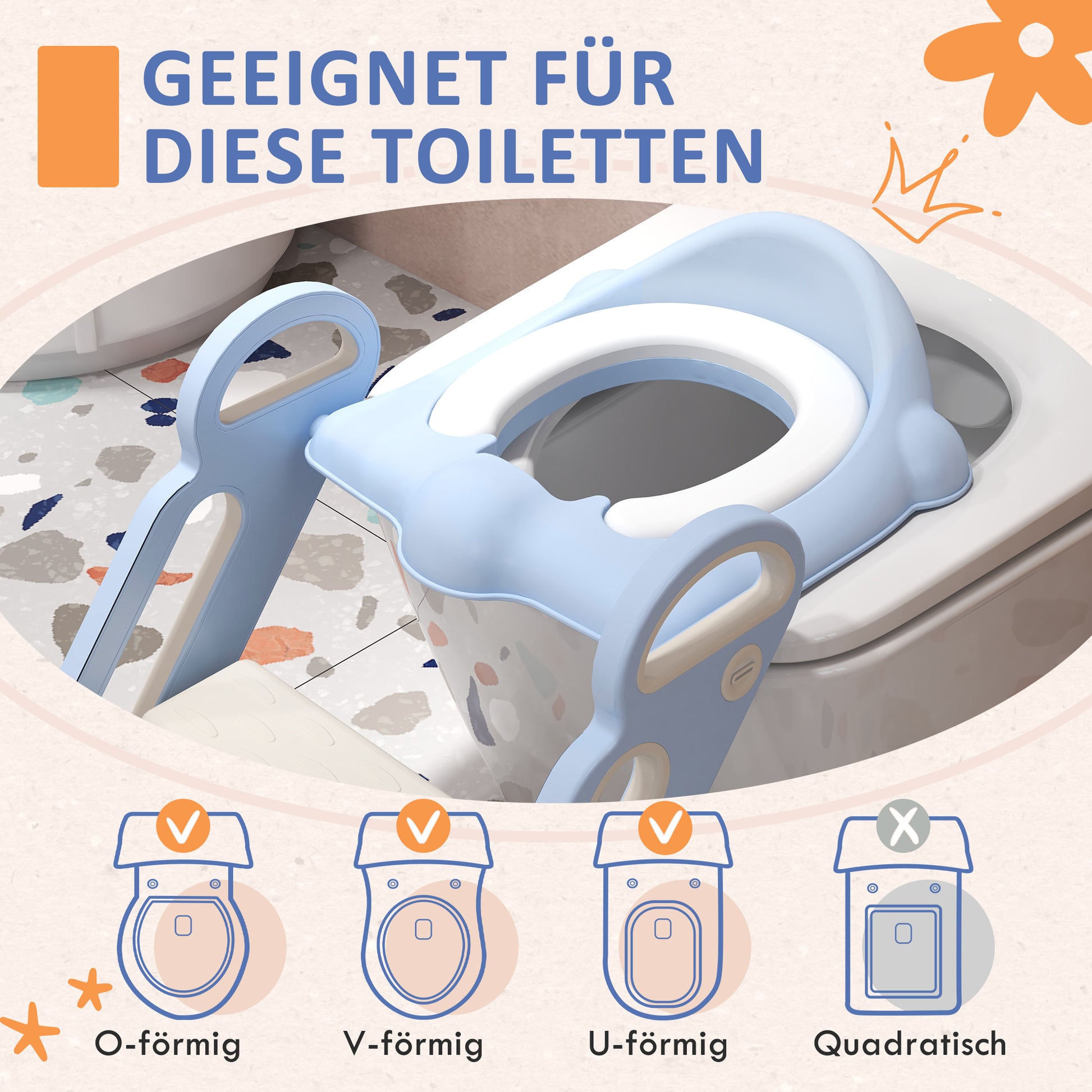 ZONEKIZ Children's Toilet Seat, Toilet Trainer with Stairs, Handle, Foldable Toilet Seat, Potty Trainer with Toilet Seat, for 2-6 Years Children, Plastic, Blue