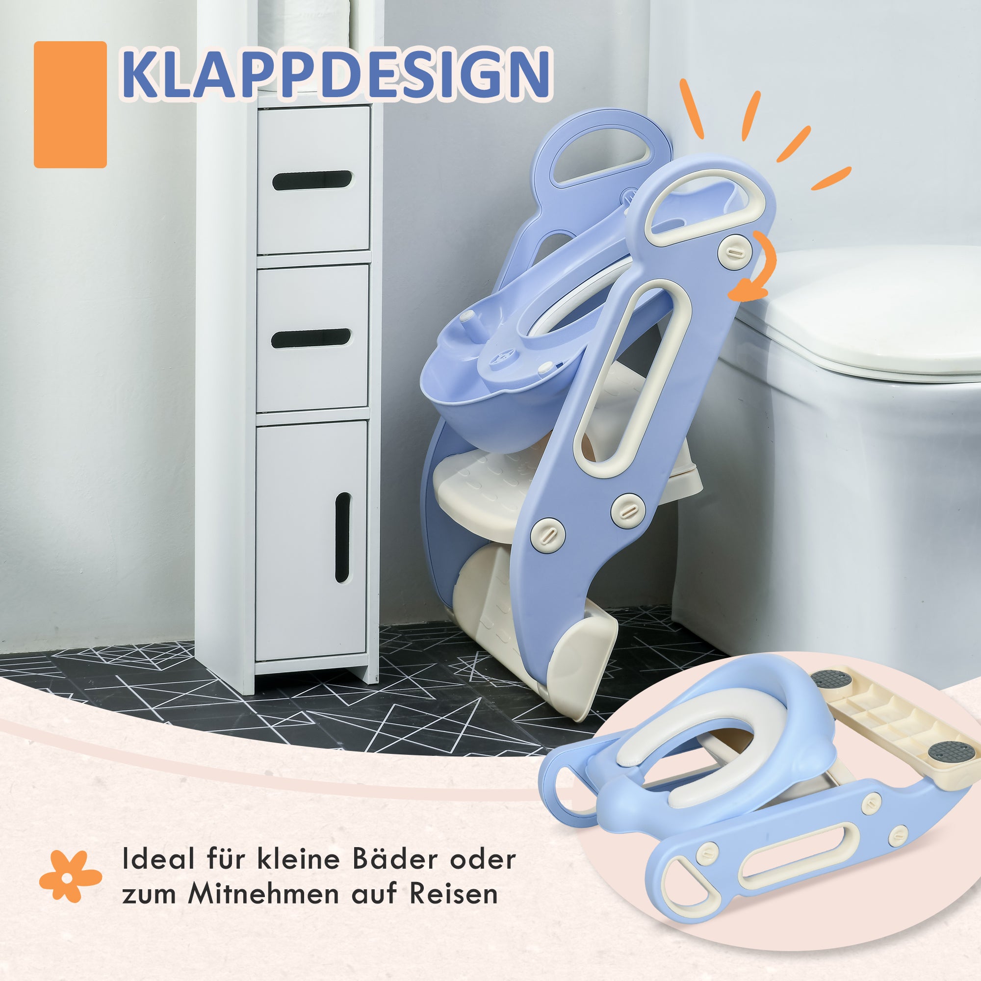 ZONEKIZ Children's Toilet Seat, Toilet Trainer with Stairs, Handle, Foldable Toilet Seat, Potty Trainer with Toilet Seat, for 2-6 Years Children, Plastic, Blue