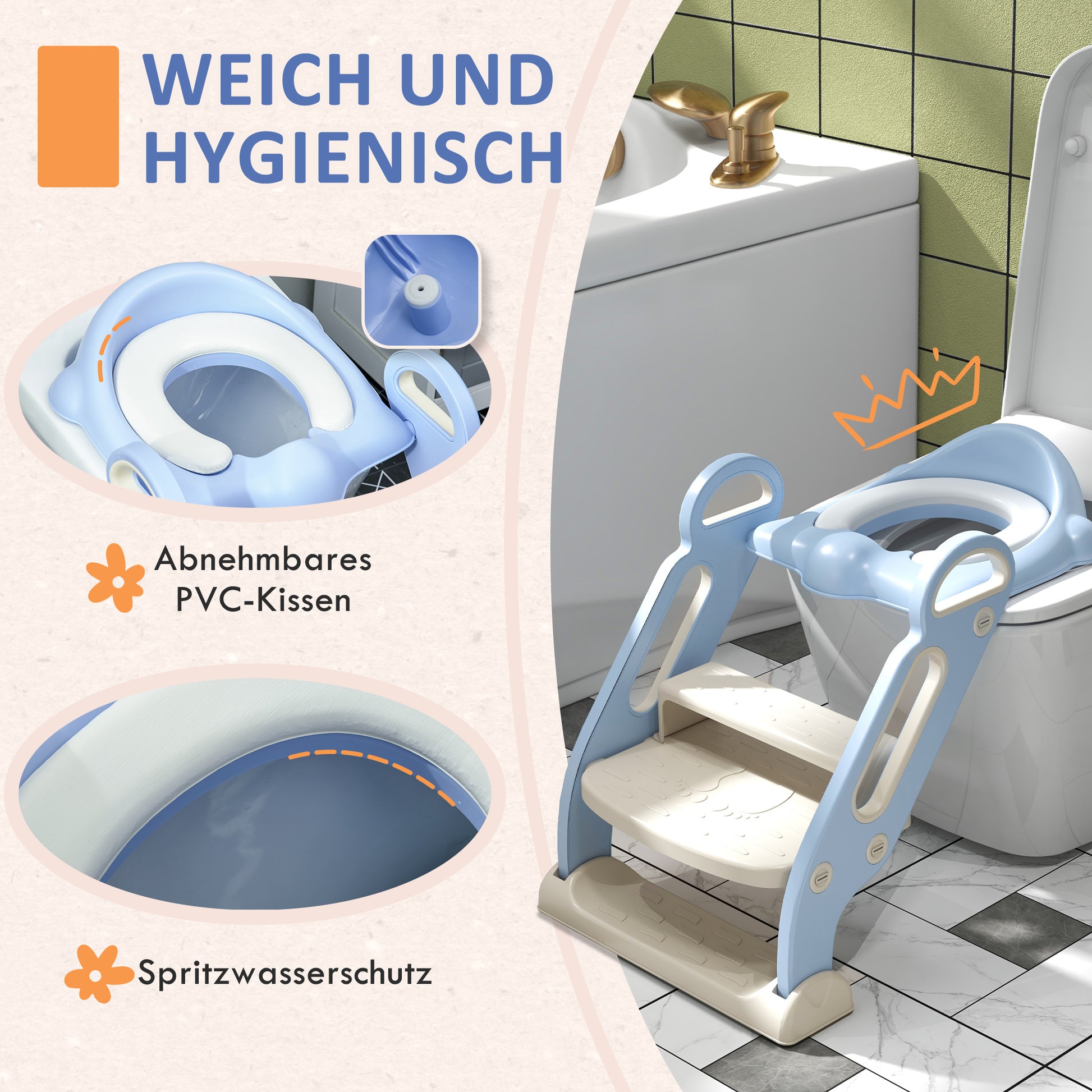 ZONEKIZ Children's Toilet Seat, Toilet Trainer with Stairs, Handle, Foldable Toilet Seat, Potty Trainer with Toilet Seat, for 2-6 Years Children, Plastic, Blue