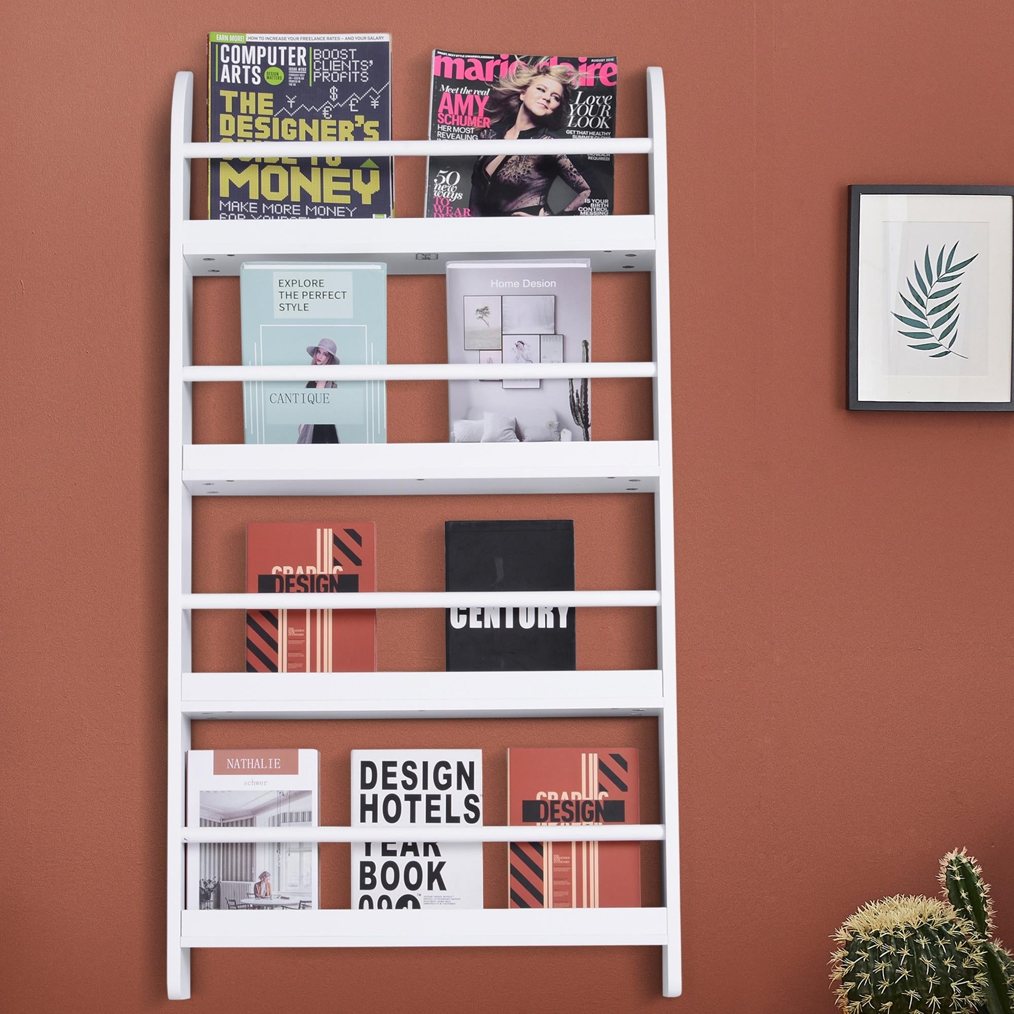 Wall Mounted Bookshelf with 4 Shelves Children's Bookcase for Home Office Holds 30kg 59x12x113cm White