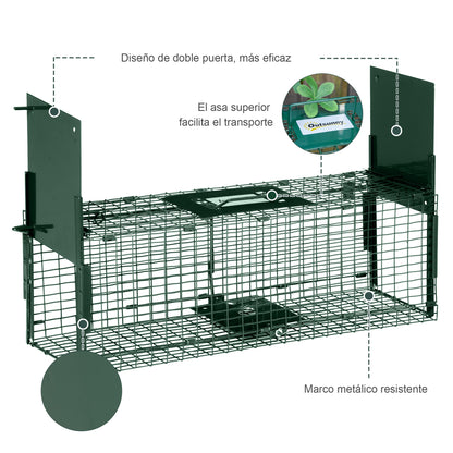Live Animal Trap 60x18x20 cm Cage Trap for Cats with 2 Doors Handle and Steel Frame for Rabbits Squirrels Ferrets Green