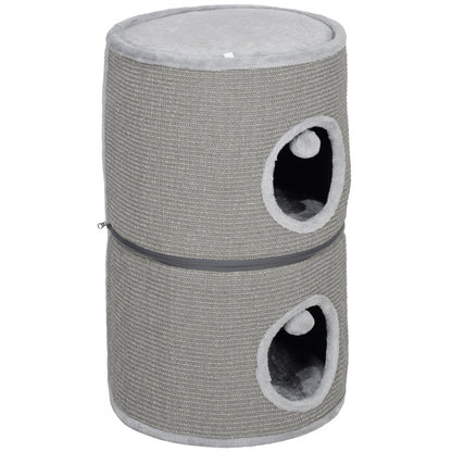 Modular Cat Tower, Barrel Cat Scratcher with Separable Zipper 3 Levels, Two Balls, Cat Cave and Hideout, Height 69 cm, Gray
