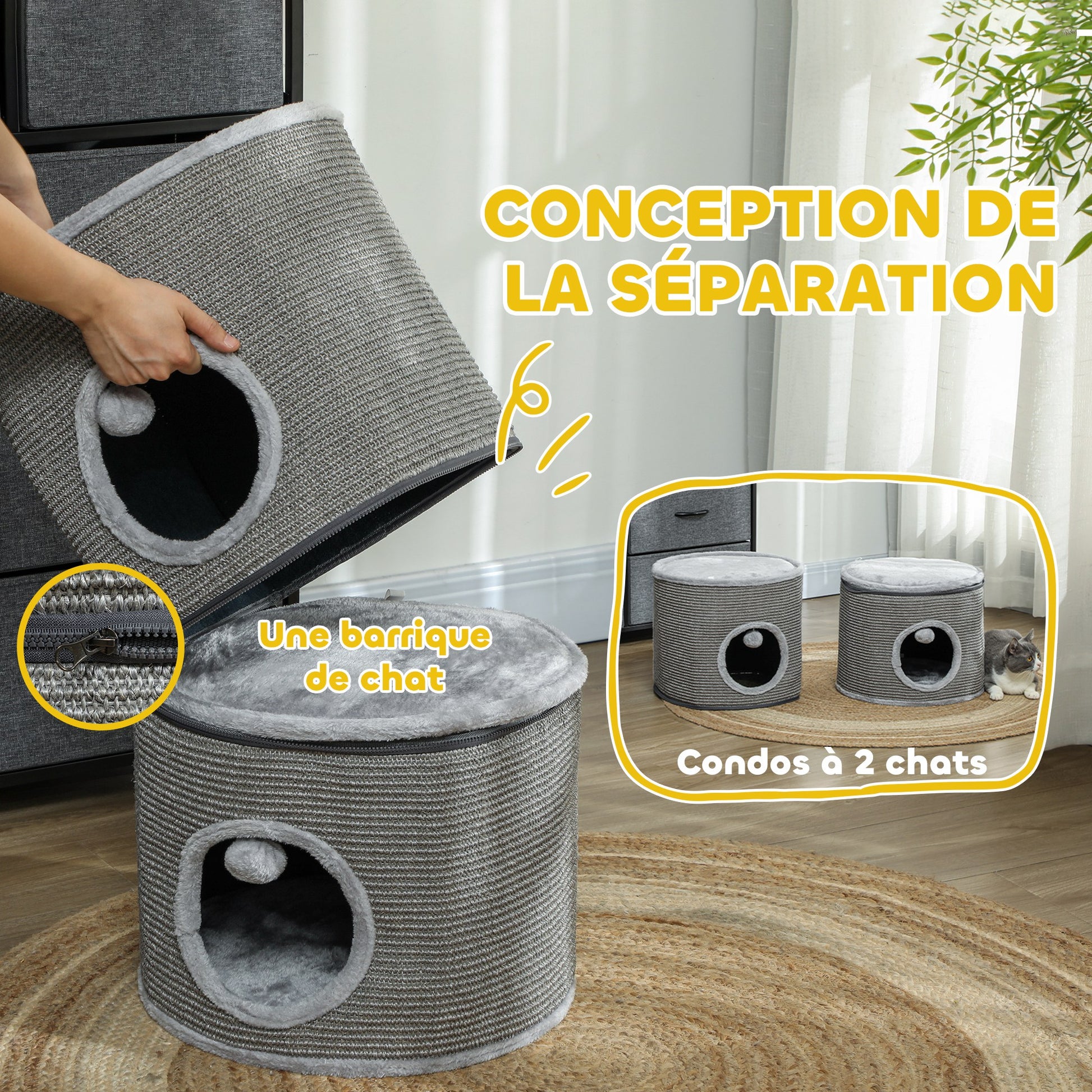 Modular Cat Tower, Barrel Cat Scratcher with Separable Zipper 3 Levels, Two Balls, Cat Cave and Hideout, Height 69 cm, Gray