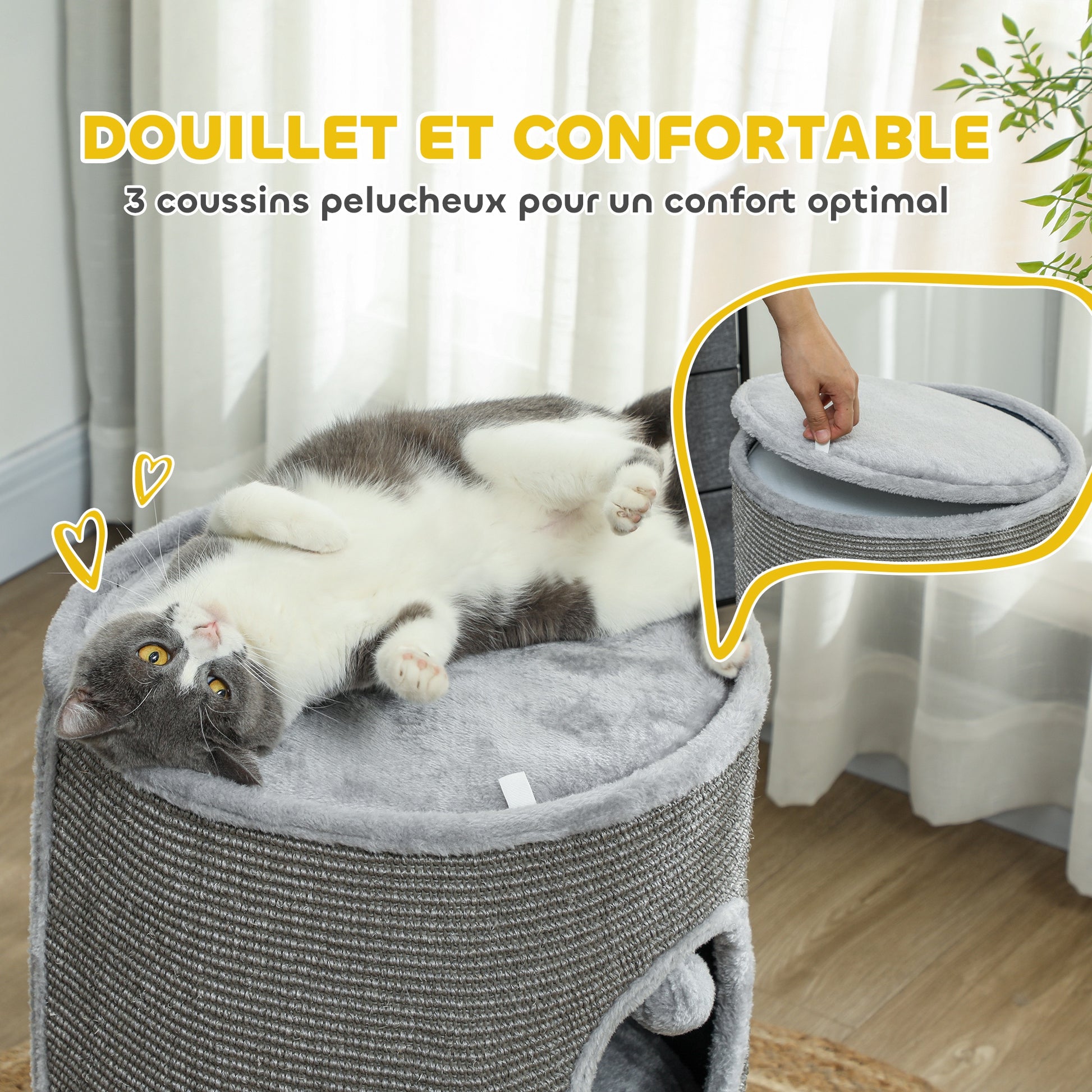 Modular Cat Tower, Barrel Cat Scratcher with Separable Zipper 3 Levels, Two Balls, Cat Cave and Hideout, Height 69 cm, Gray