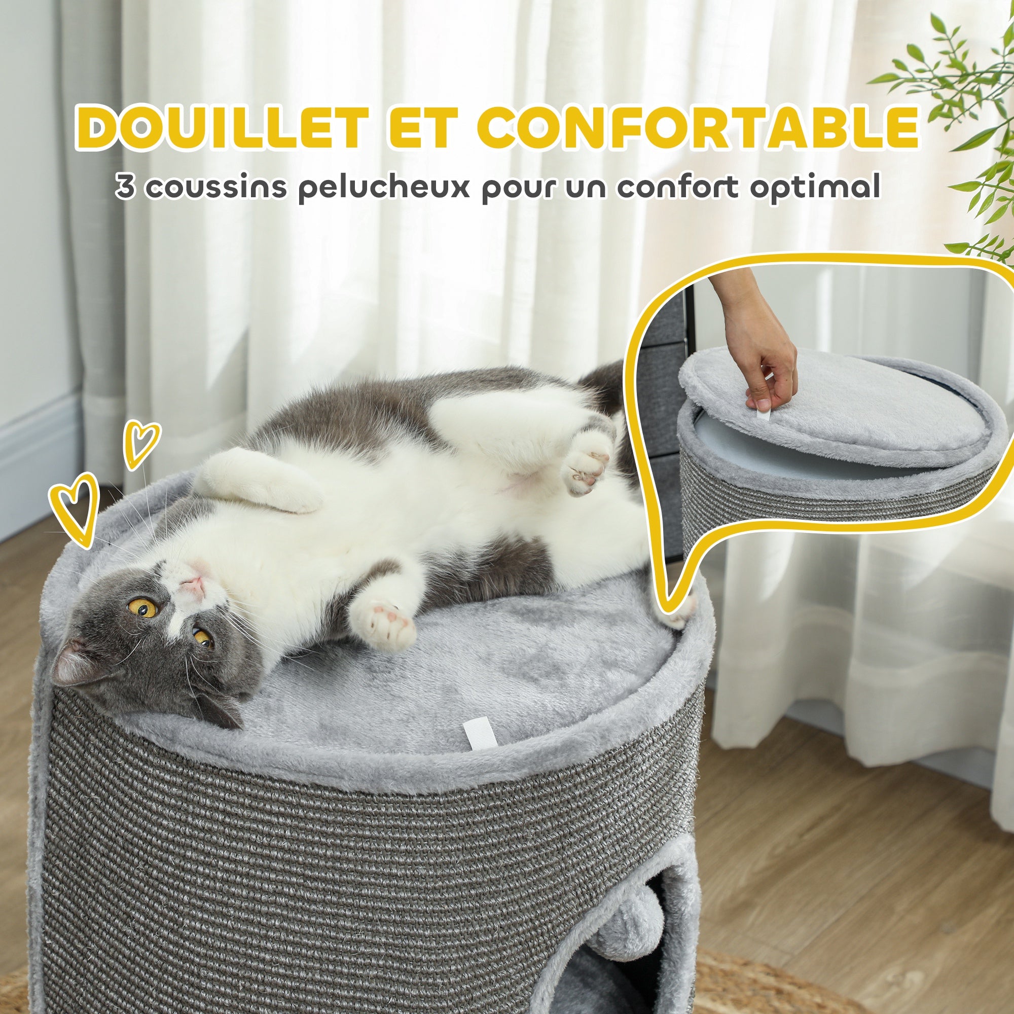 Modular Cat Tower, Barrel Cat Scratcher with Separable Zipper 3 Levels, Two Balls, Cat Cave and Hideout, Height 69 cm, Gray
