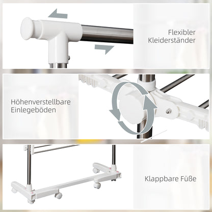 Tower Clothes Rack Extendable Drying Stand with 3 Levels, Foldable Wings, Casters, Clothes Dryer for Indoor and Outdoor, White, 83-136.5 x 45.5 x 154 cm