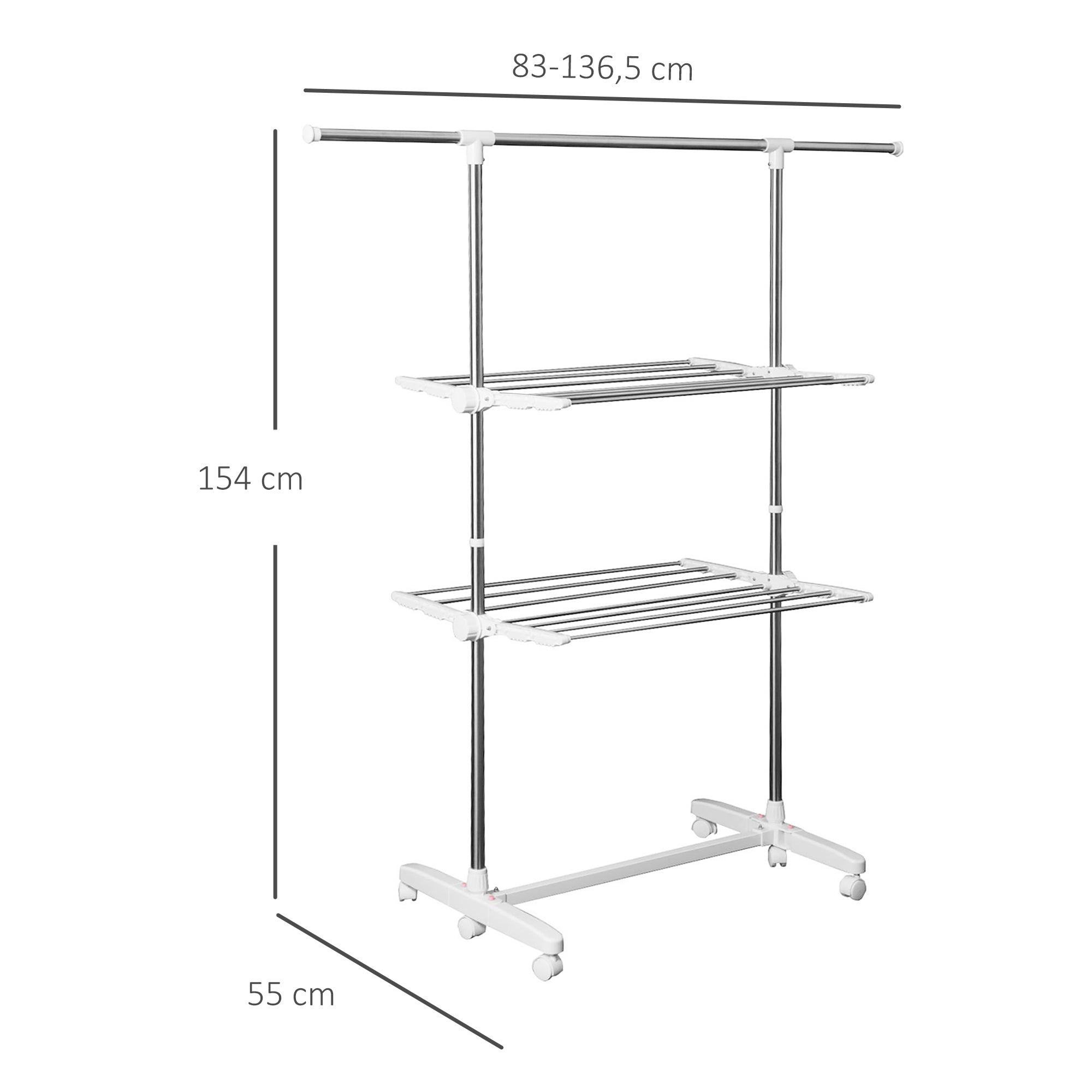 Tower Clothes Rack Extendable Drying Stand with 3 Levels, Foldable Wings, Casters, Clothes Dryer for Indoor and Outdoor, White, 83-136.5 x 45.5 x 154 cm