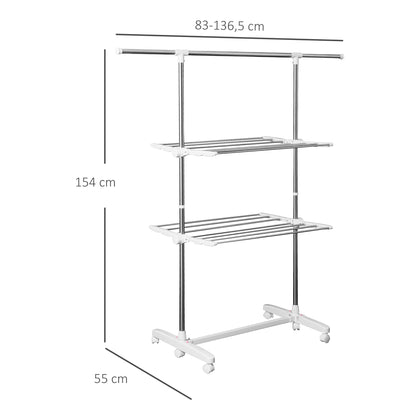 Tower Clothes Rack Extendable Drying Stand with 3 Levels, Foldable Wings, Casters, Clothes Dryer for Indoor and Outdoor, White, 83-136.5 x 45.5 x 154 cm