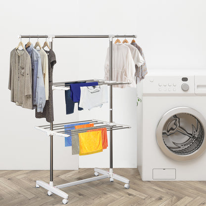 Tower Clothes Rack Extendable Drying Stand with 3 Levels, Foldable Wings, Casters, Clothes Dryer for Indoor and Outdoor, White, 83-136.5 x 45.5 x 154 cm