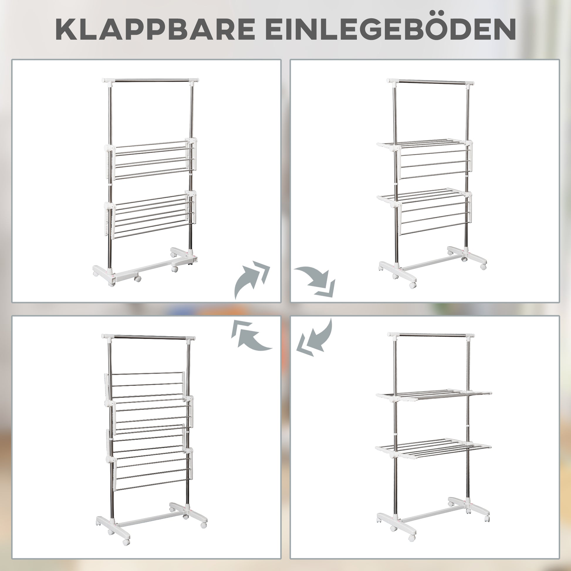 Tower Clothes Rack Extendable Drying Stand with 3 Levels, Foldable Wings, Casters, Clothes Dryer for Indoor and Outdoor, White, 83-136.5 x 45.5 x 154 cm