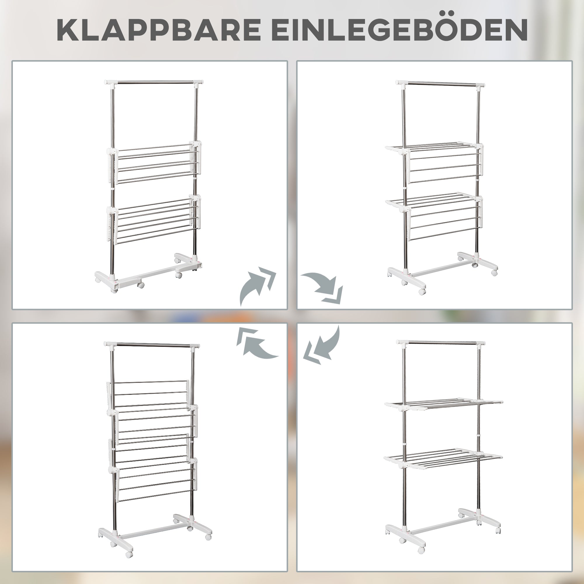 Tower Clothes Rack Extendable Drying Stand with 3 Levels, Foldable Wings, Casters, Clothes Dryer for Indoor and Outdoor, White, 83-136.5 x 45.5 x 154 cm