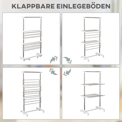 Tower Clothes Rack Extendable Drying Stand with 3 Levels, Foldable Wings, Casters, Clothes Dryer for Indoor and Outdoor, White, 83-136.5 x 45.5 x 154 cm