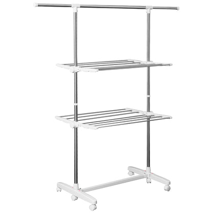 Tower Clothes Rack Extendable Drying Stand with 3 Levels, Foldable Wings, Casters, Clothes Dryer for Indoor and Outdoor, White, 83-136.5 x 45.5 x 154 cm