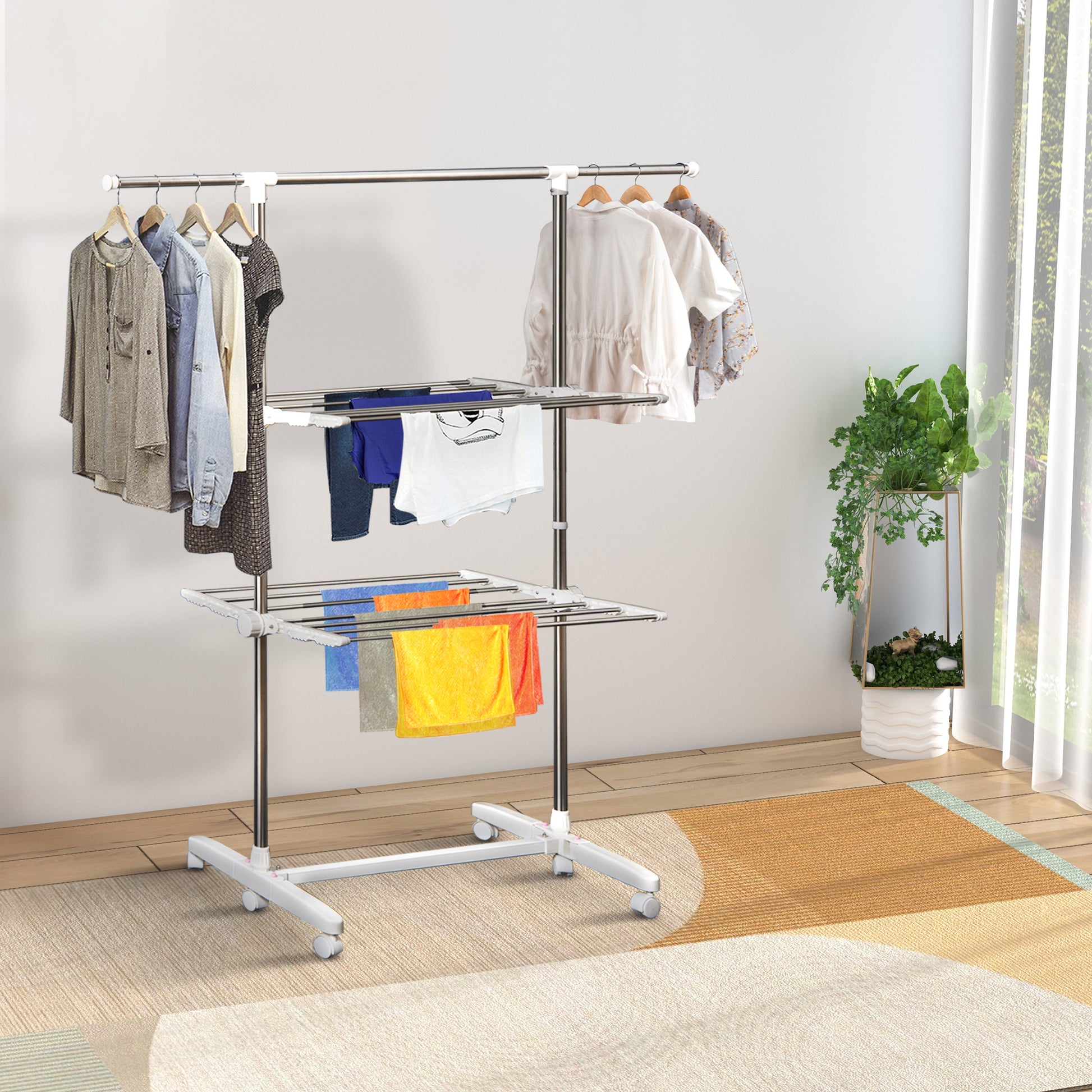 Tower Clothes Rack Extendable Drying Stand with 3 Levels, Foldable Wings, Casters, Clothes Dryer for Indoor and Outdoor, White, 83-136.5 x 45.5 x 154 cm