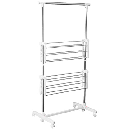 Tower Clothes Rack Extendable Drying Stand with 3 Levels, Foldable Wings, Casters, Clothes Dryer for Indoor and Outdoor, White, 83-136.5 x 45.5 x 154 cm