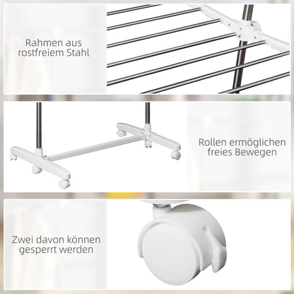 Tower Clothes Rack Extendable Drying Stand with 3 Levels, Foldable Wings, Casters, Clothes Dryer for Indoor and Outdoor, White, 83-136.5 x 45.5 x 154 cm