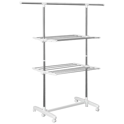 Tower Clothes Rack Extendable Drying Stand with 3 Levels, Foldable Wings, Casters, Clothes Dryer for Indoor and Outdoor, White, 83-136.5 x 45.5 x 154 cm