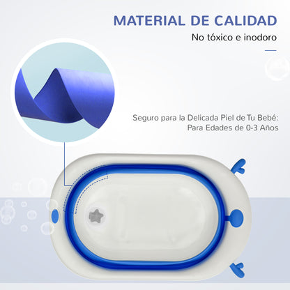 Foldable Baby Bathtub 0-3 Years 81.5x50.5x23.5 cm with Thermosensitive Plug Cushion and Anti-slip Pads Blue