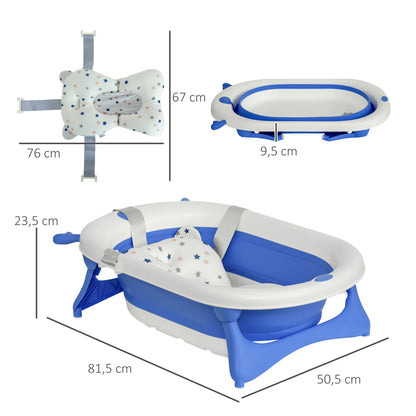 Foldable Baby Bathtub 0-3 Years 81.5x50.5x23.5 cm with Thermosensitive Plug Cushion and Anti-slip Pads Blue