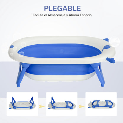 Foldable Baby Bathtub 0-3 Years 81.5x50.5x23.5 cm with Thermosensitive Plug Cushion and Anti-slip Pads Blue