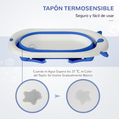 Foldable Baby Bathtub 0-3 Years 81.5x50.5x23.5 cm with Thermosensitive Plug Cushion and Anti-slip Pads Blue
