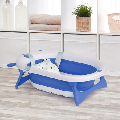 Foldable Baby Bathtub 0-3 Years 81.5x50.5x23.5 cm with Thermosensitive Plug Cushion and Anti-slip Pads Blue
