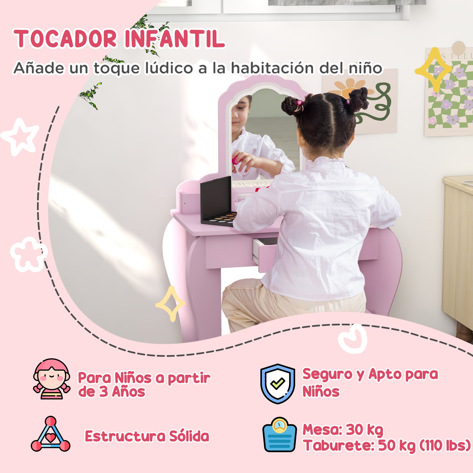 ZONEKIZ Kids Dressing Table for Girls and Boys aged 3+ Makeup Table with Stool and Mirror Dressing Table for Girls with Drawer and Storage Boxes Pink Cloud Shape