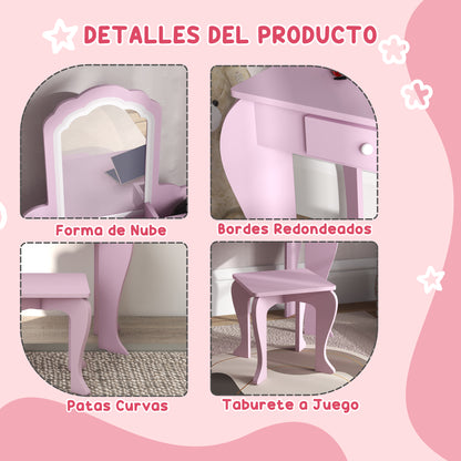ZONEKIZ Kids Dressing Table for Girls and Boys aged 3+ Makeup Table with Stool and Mirror Dressing Table for Girls with Drawer and Storage Boxes Pink Cloud Shape