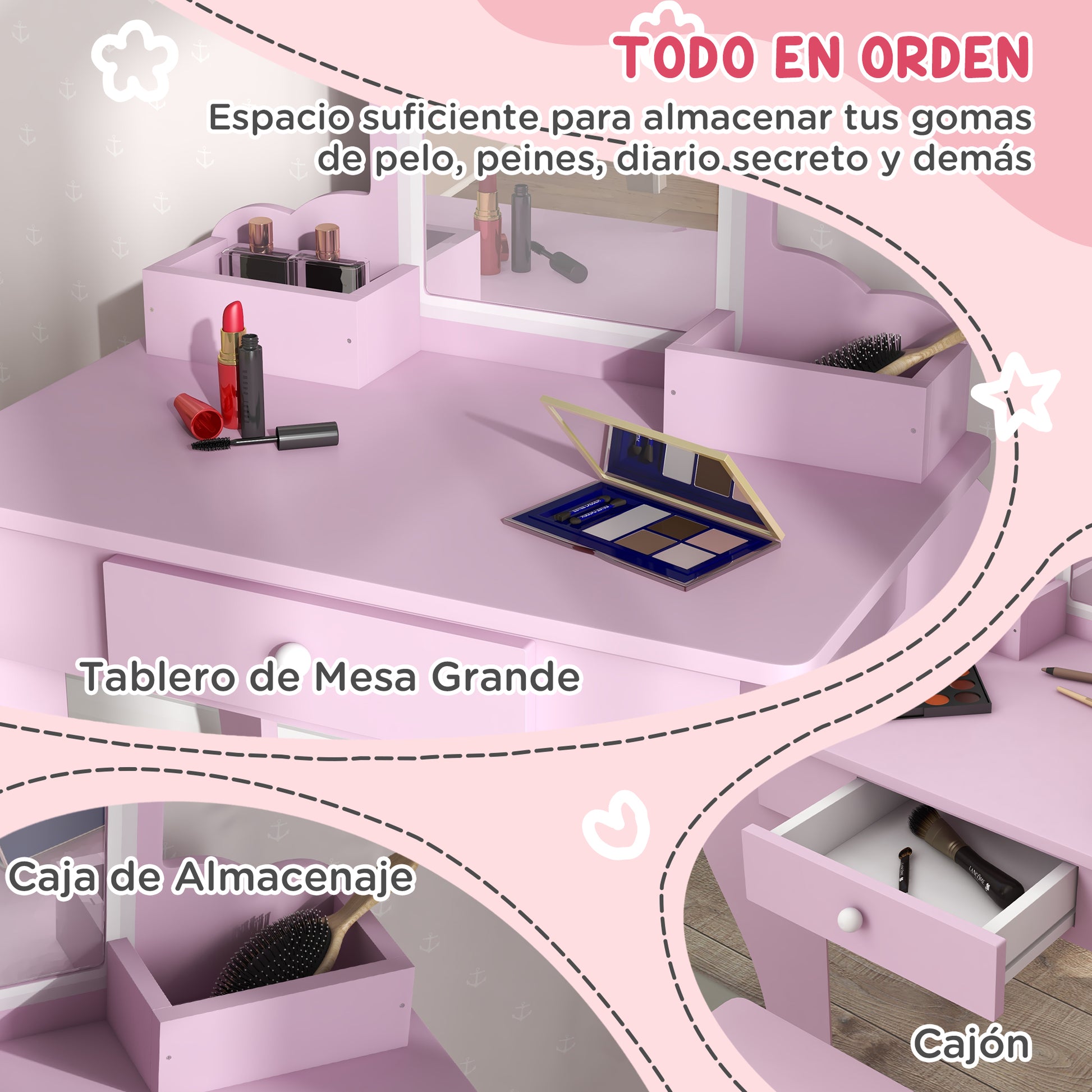 ZONEKIZ Kids Dressing Table for Girls and Boys aged 3+ Makeup Table with Stool and Mirror Dressing Table for Girls with Drawer and Storage Boxes Pink Cloud Shape
