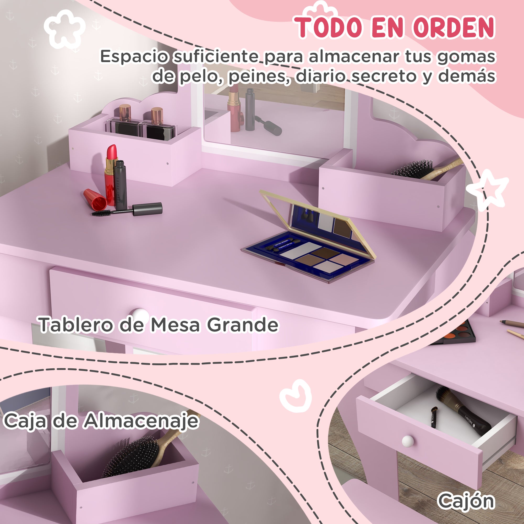 ZONEKIZ Kids Dressing Table for Girls and Boys aged 3+ Makeup Table with Stool and Mirror Dressing Table for Girls with Drawer and Storage Boxes Pink Cloud Shape