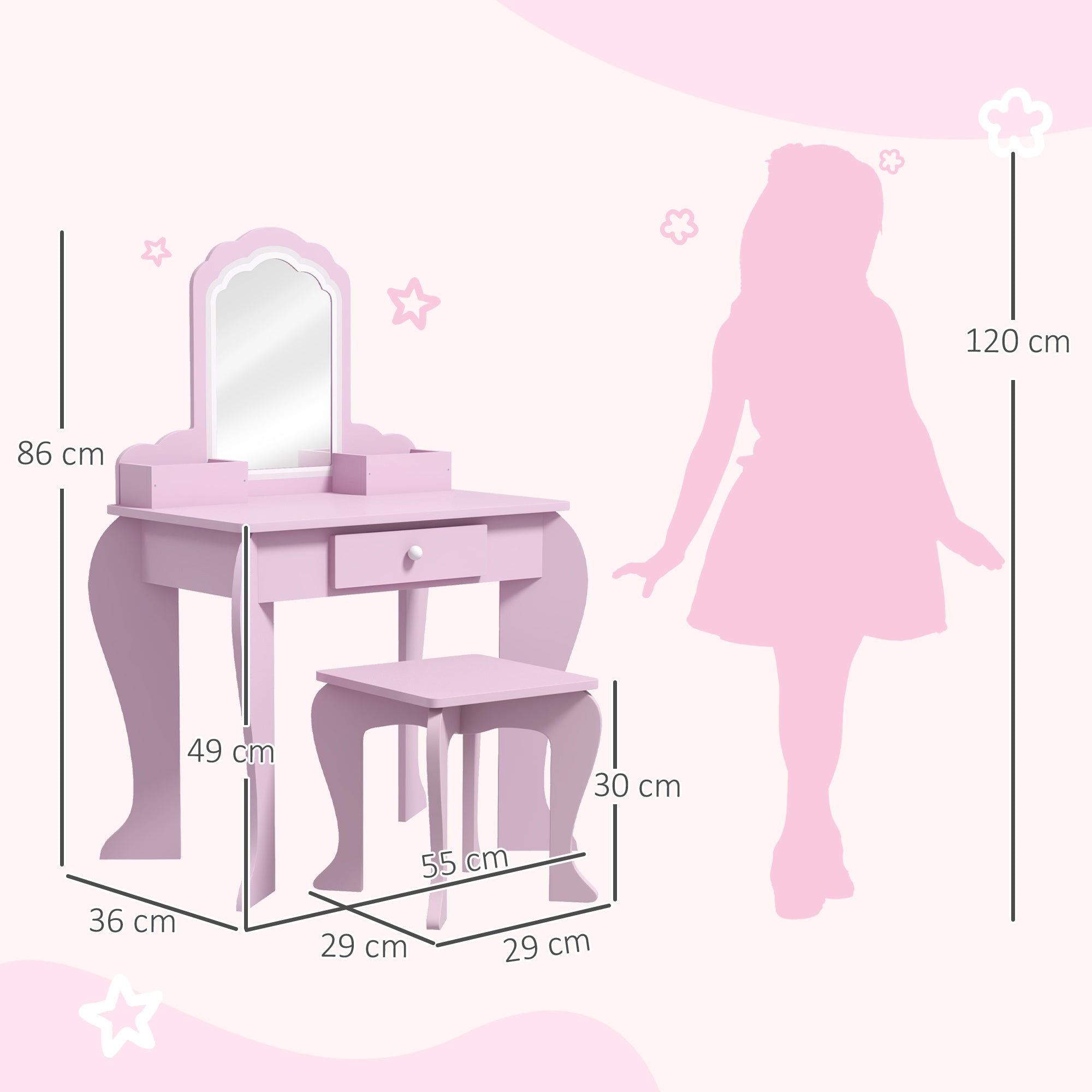 ZONEKIZ Kids Dressing Table for Girls and Boys aged 3+ Makeup Table with Stool and Mirror Dressing Table for Girls with Drawer and Storage Boxes Pink Cloud Shape