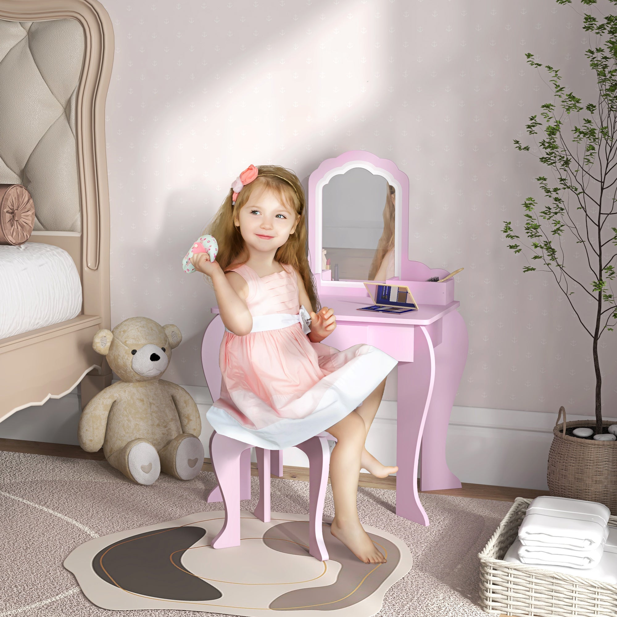 ZONEKIZ Kids Dressing Table for Girls and Boys aged 3+ Makeup Table with Stool and Mirror Dressing Table for Girls with Drawer and Storage Boxes Pink Cloud Shape