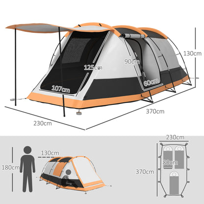 Family Camping Tent for 3-4 People Foldable Waterproof Camping Tent with 2 Rooms and Carrying Bag for Hiking 370x220x130 cm Grey