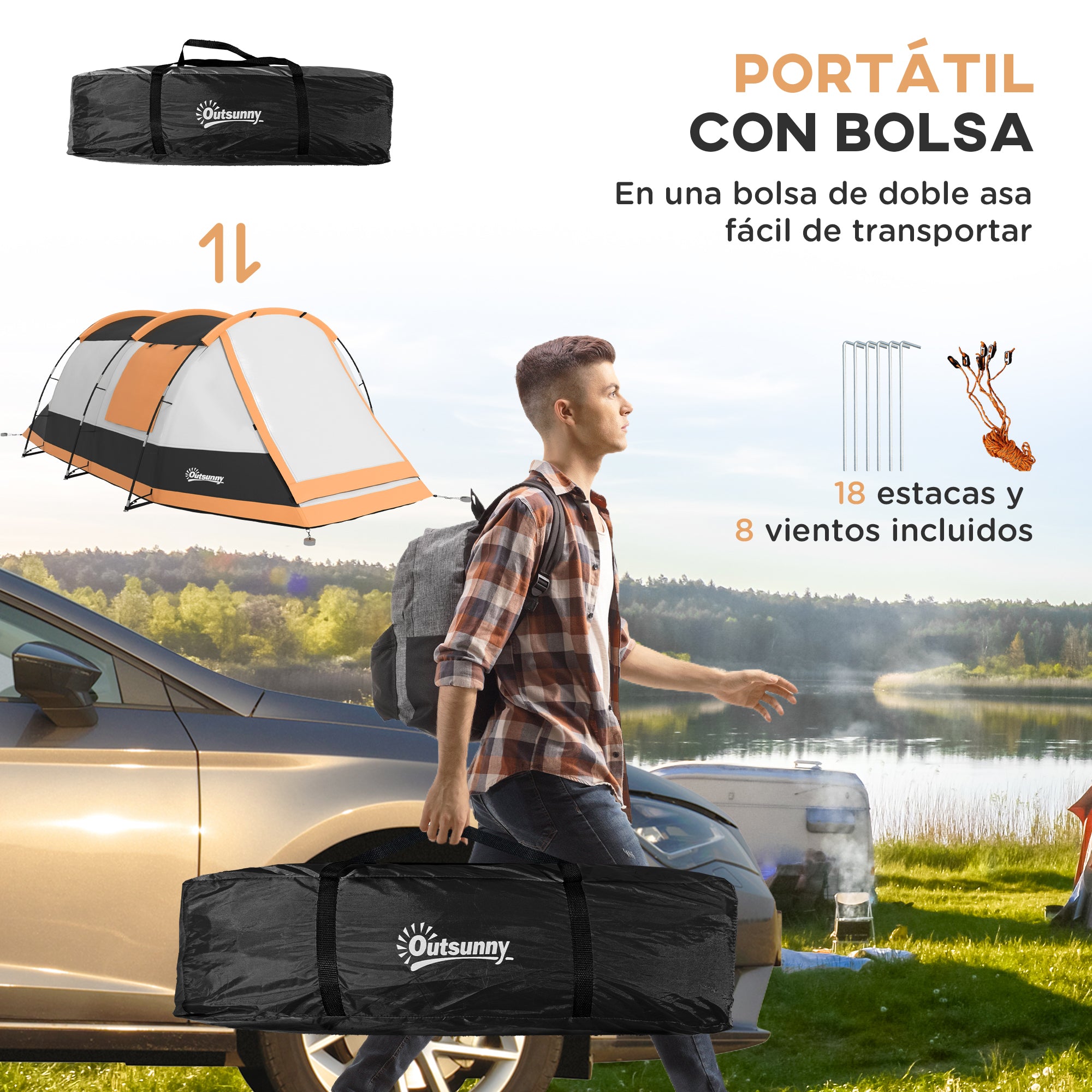 Family Camping Tent for 3-4 People Foldable Waterproof Camping Tent with 2 Rooms and Carrying Bag for Hiking 370x220x130 cm Grey