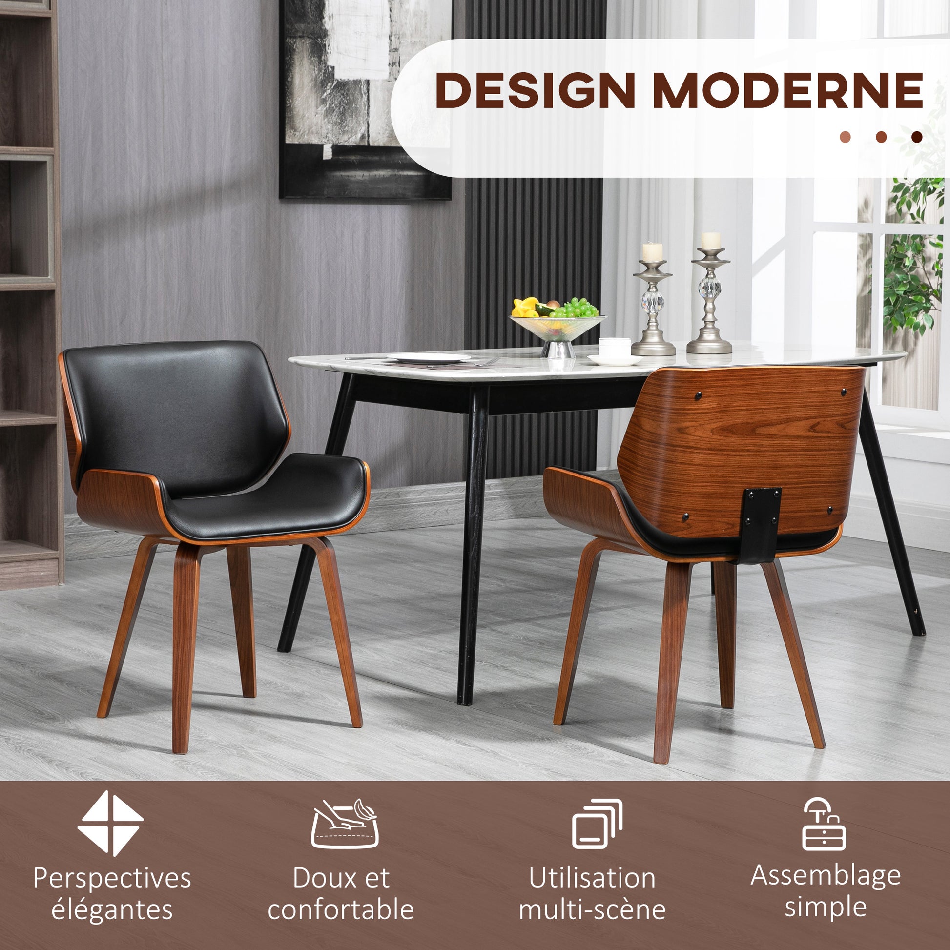 Set of 2 vintage style dining chairs with black synthetic covering seat and wooden legs