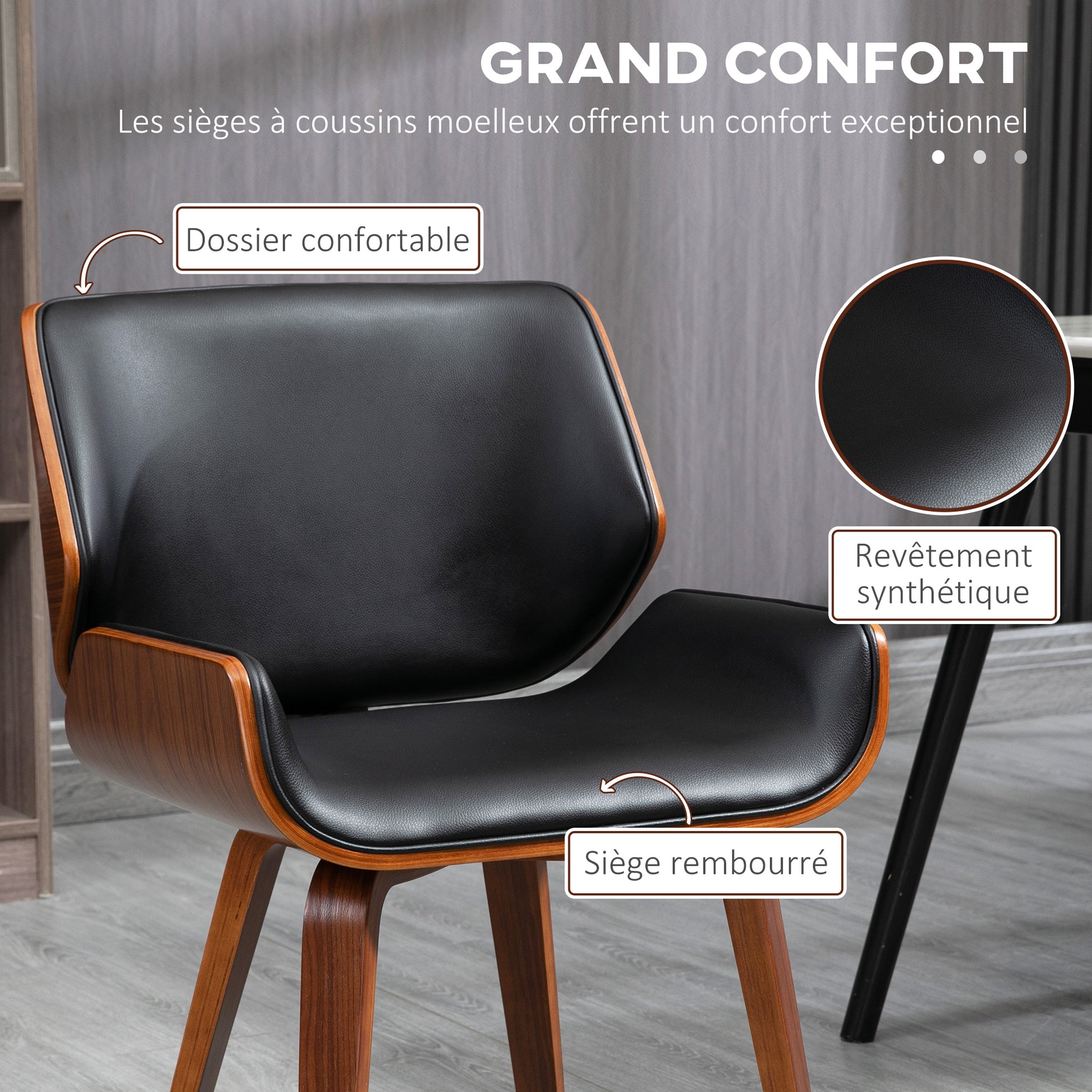 Set of 2 vintage style dining chairs with black synthetic covering seat and wooden legs