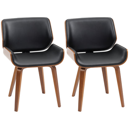 Set of 2 vintage style dining chairs with black synthetic covering seat and wooden legs