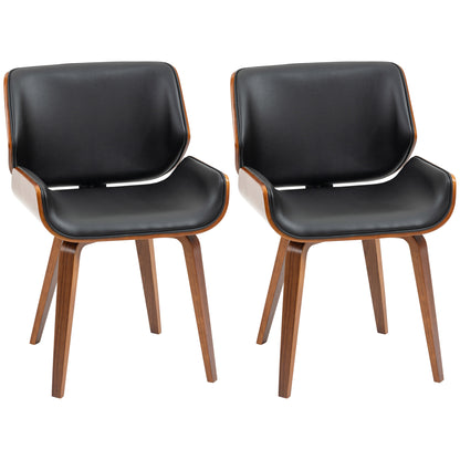 Set of 2 vintage style dining chairs with black synthetic covering seat and wooden legs