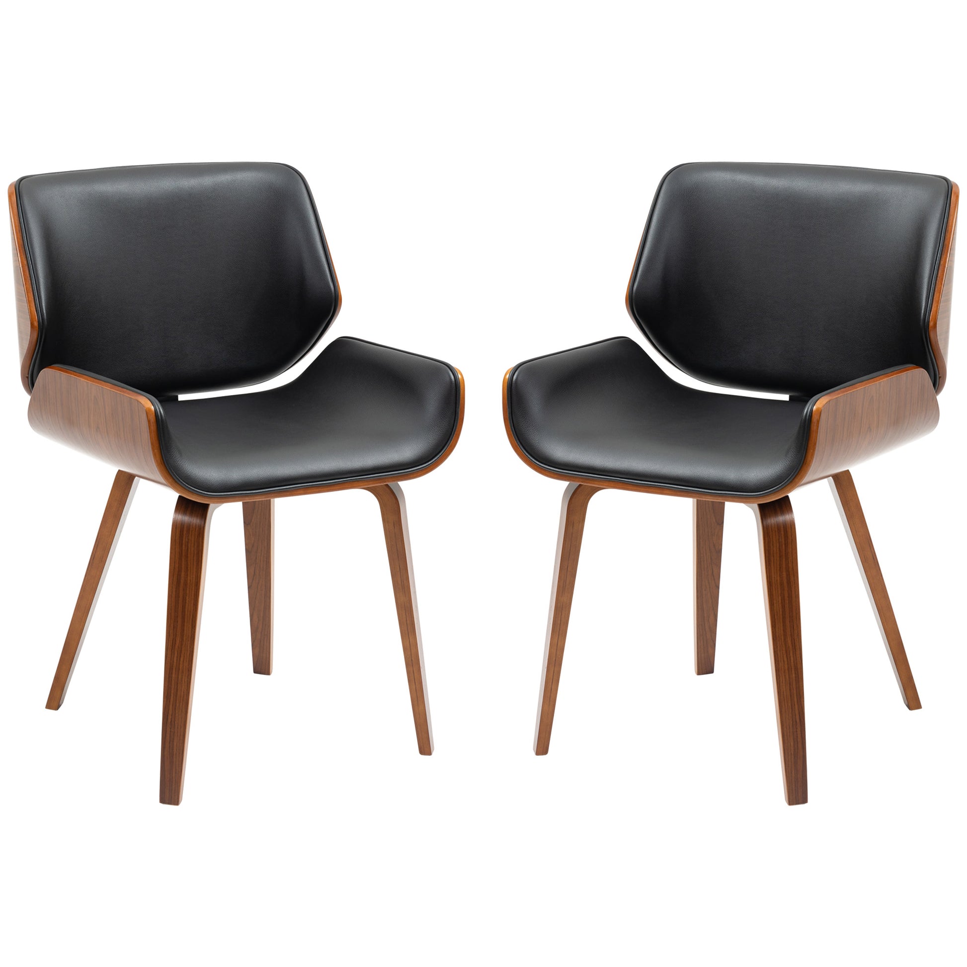 Set of 2 vintage style dining chairs with black synthetic covering seat and wooden legs
