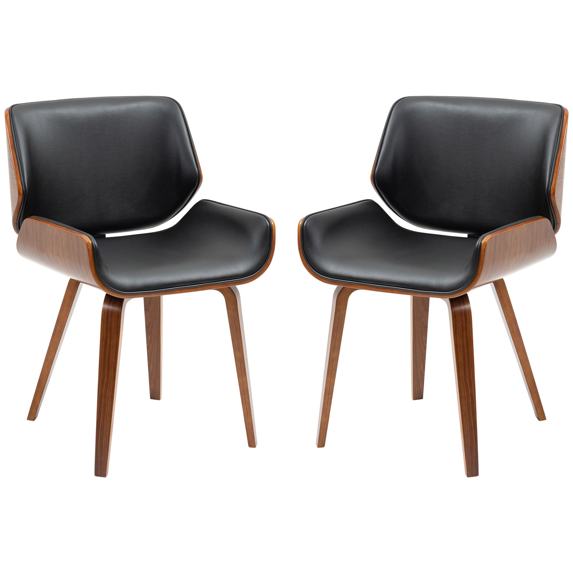 Set of 2 vintage style dining chairs with black synthetic covering seat and wooden legs