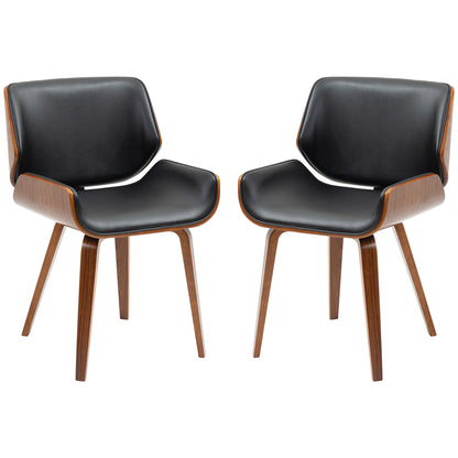 Set of 2 vintage style dining chairs with black synthetic covering seat and wooden legs