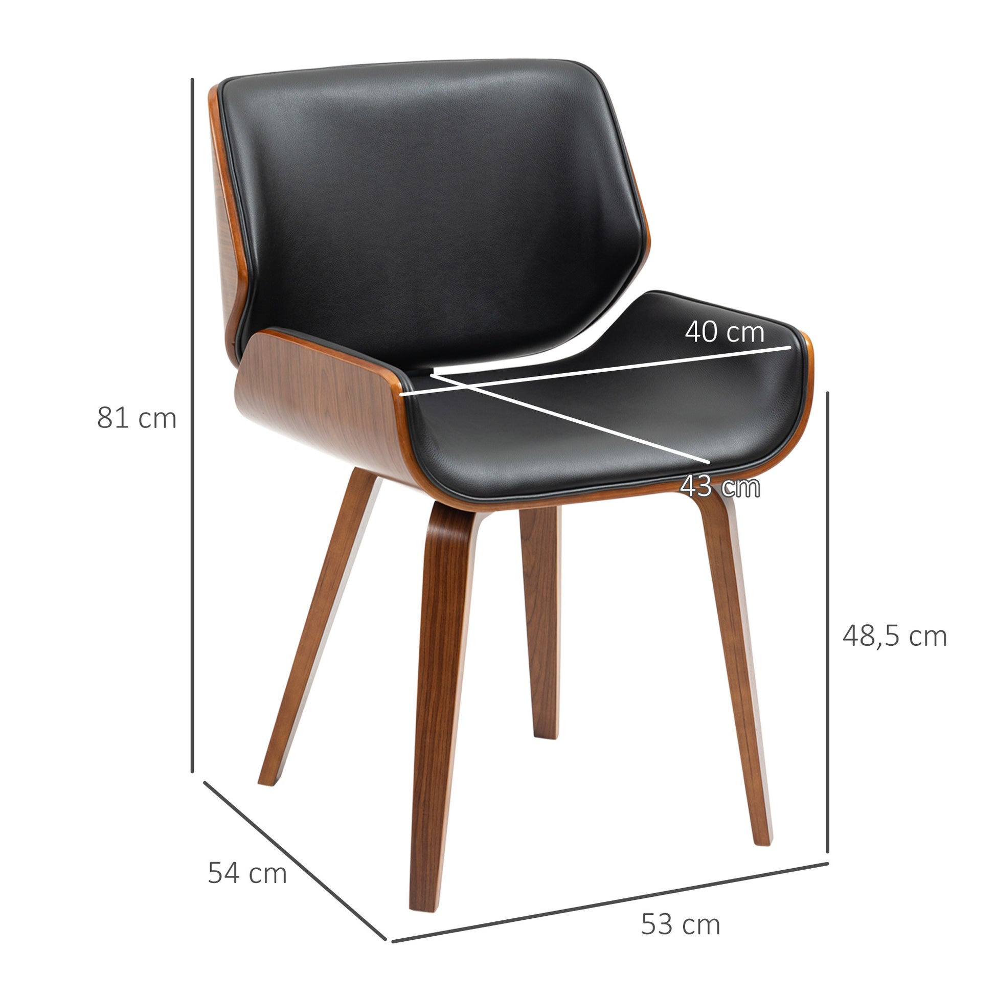 Set of 2 vintage style dining chairs with black synthetic covering seat and wooden legs